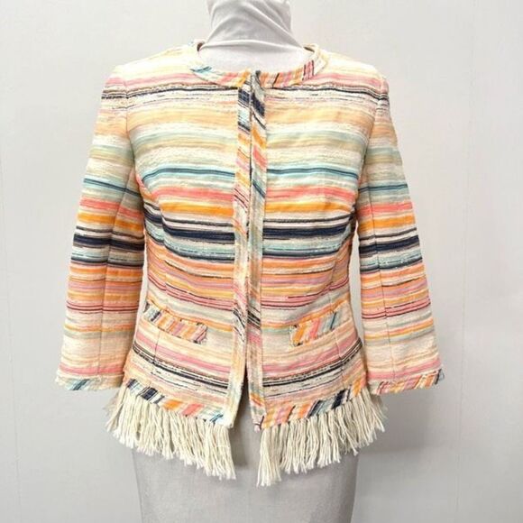 Trina Turk Women’s Size 6 Small Nani Stripe Woven Jacket Blazer Fringe Hem Neon - Picture 1 of 13